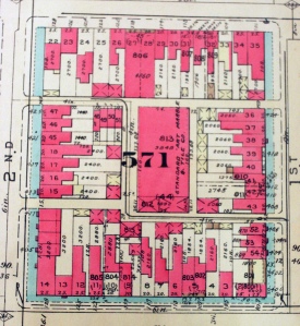 This 1939 Baist's real estate map shows the alleys on the CCNV block. In this map, one can see the construction of the Standard Art Marble and Tile Co. has led to the demolition of ten alley homes. Image used with permission of the Washingtoniana collection of the DC Public Library.