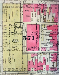 This 1948 Baist's real estate map shows the alleys on the CCNV block. One can see the newly constructed Reconstruction Finance Corp. building has left only the Standard Art Marble and Tile Co. at the center of the block. Image used with permission of the Washingtoniana collection of the DC Public Library.