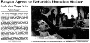 Mitch Snyder's successful hunger strike in 1984 propelled him to become an iconic figure in the movement to end homelessness.  Image used under the Fair Use provisions of the copyright law.  